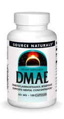 Source Naturals DMAE capsules in bottle front view for mental focus support.