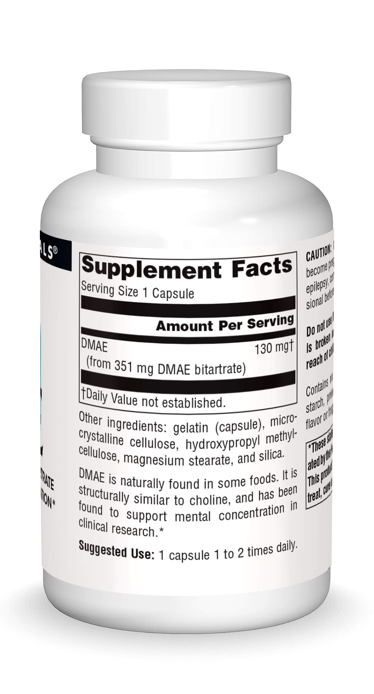 Source Naturals DMAE label close-up showing capsule details for cognitive support.