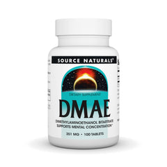 Source Naturals DMAE tablets bottle front view signaling reliability and concentration support