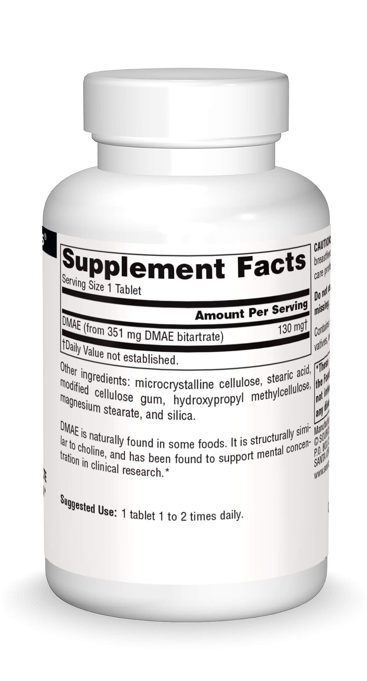 Source Naturals DMAE tablets close-up showing compact hypoallergenic supplement for focus