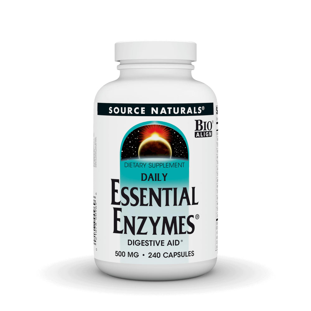 Source Naturals Essential Enzymes bottle pour showing digestive support potential.