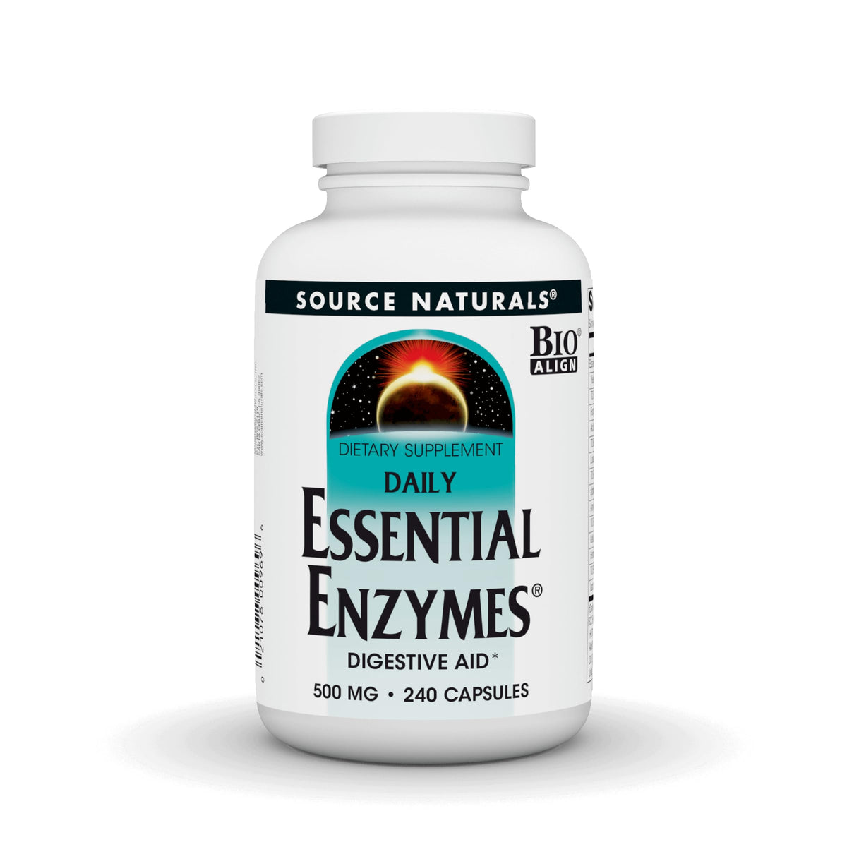 Source Naturals Essential Enzymes bottle pour showing digestive support potential.