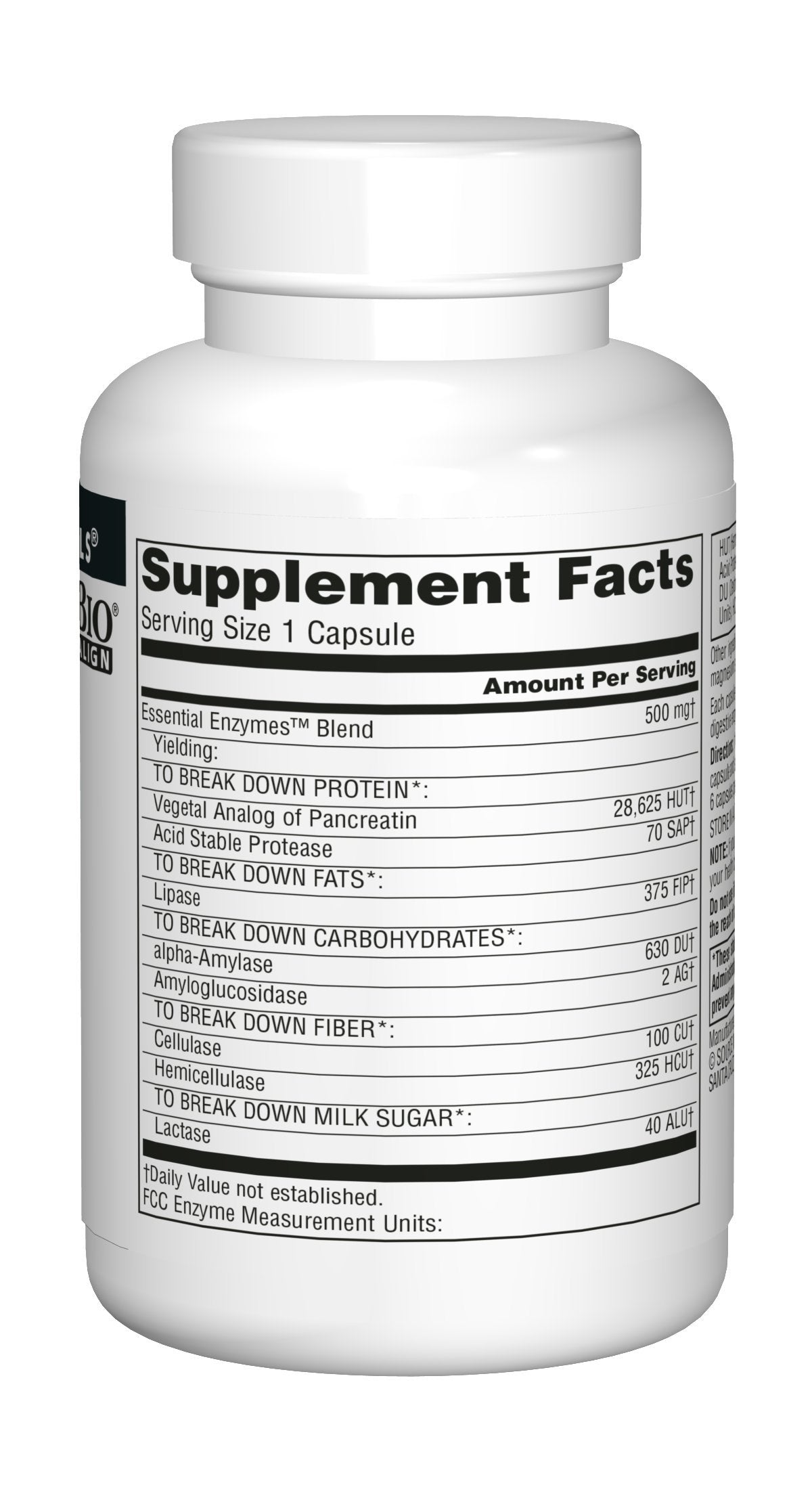 Source Naturals Essential Enzymes packaging emphasizes USA manufacturing and cGMP standards.