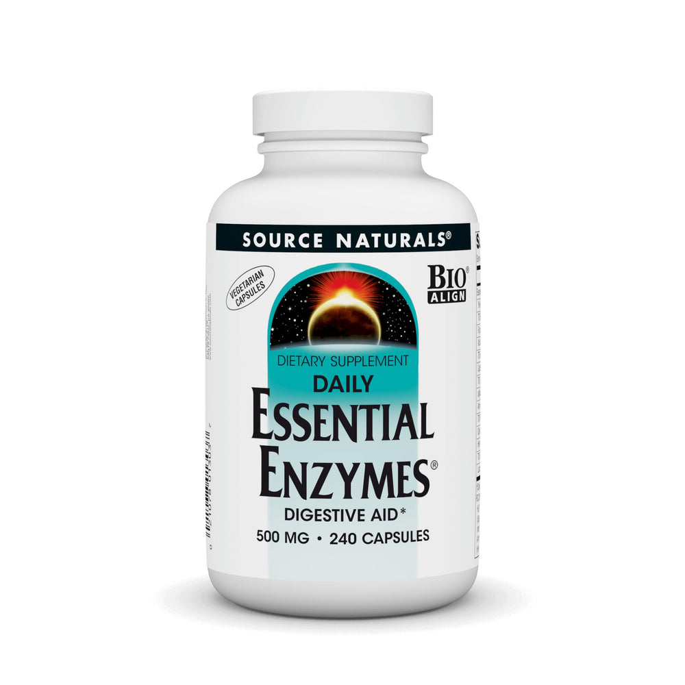 Source Naturals Essential Enzymes capsules bottle shown for daily digestion support