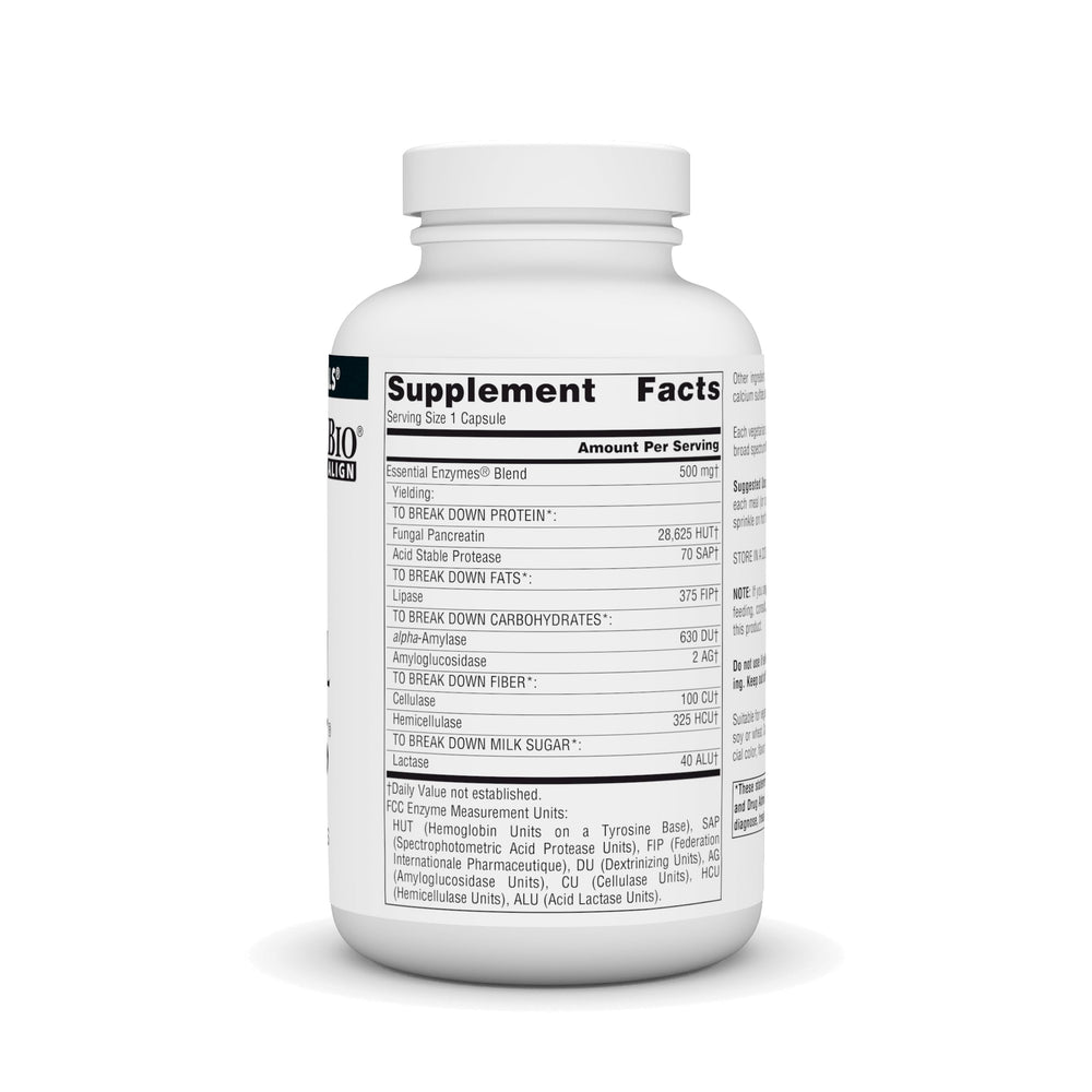 Source Naturals Essential Enzymes capsules open cap illustrating sprinkle option for meals