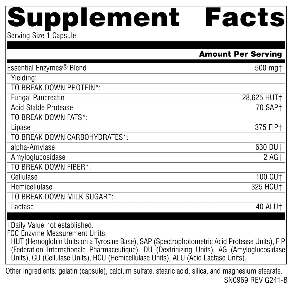 Serving guidance for Source Naturals Essential Enzymes digestion aid usage.