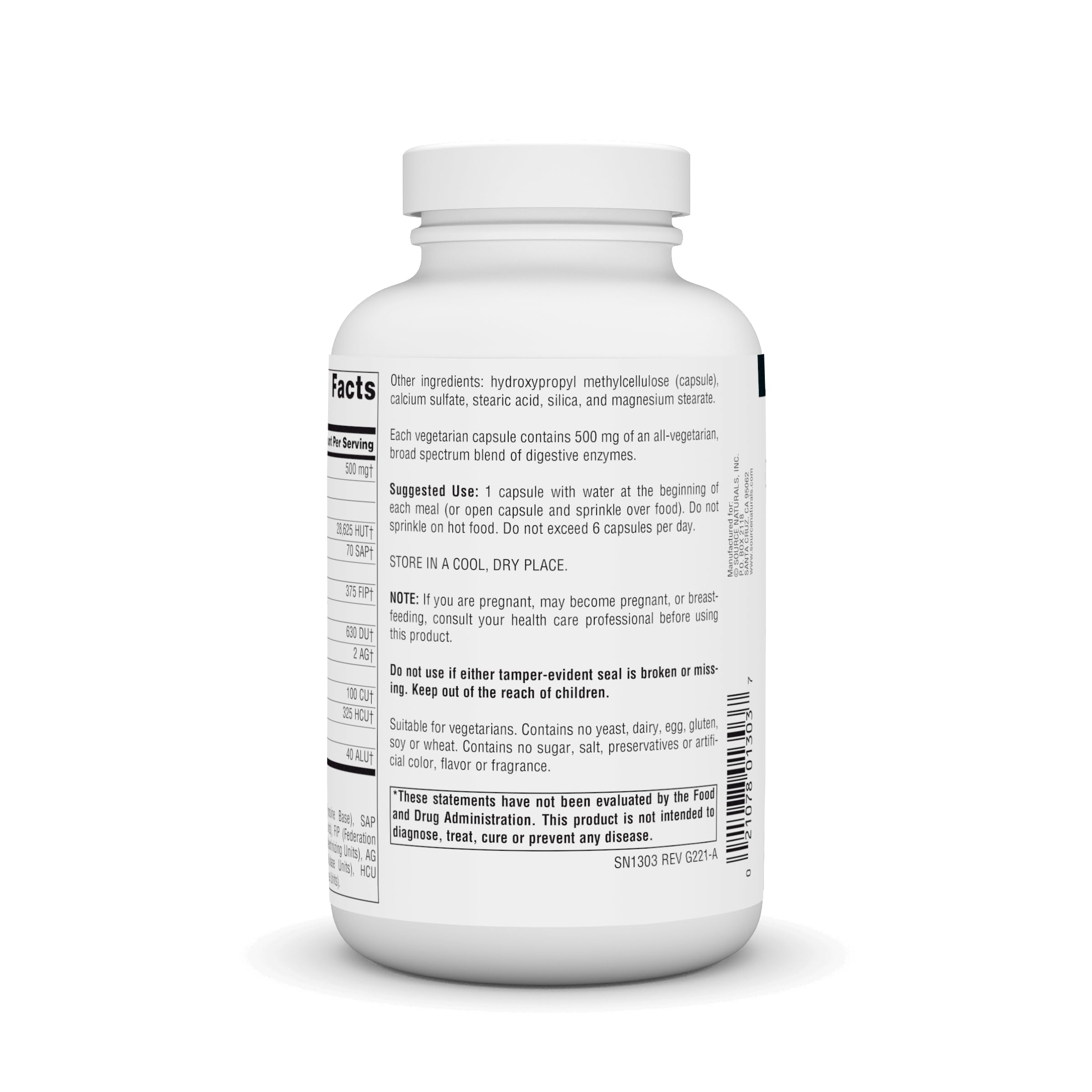 Source Naturals Essential Enzymes label closeup highlighting vegetarian formula