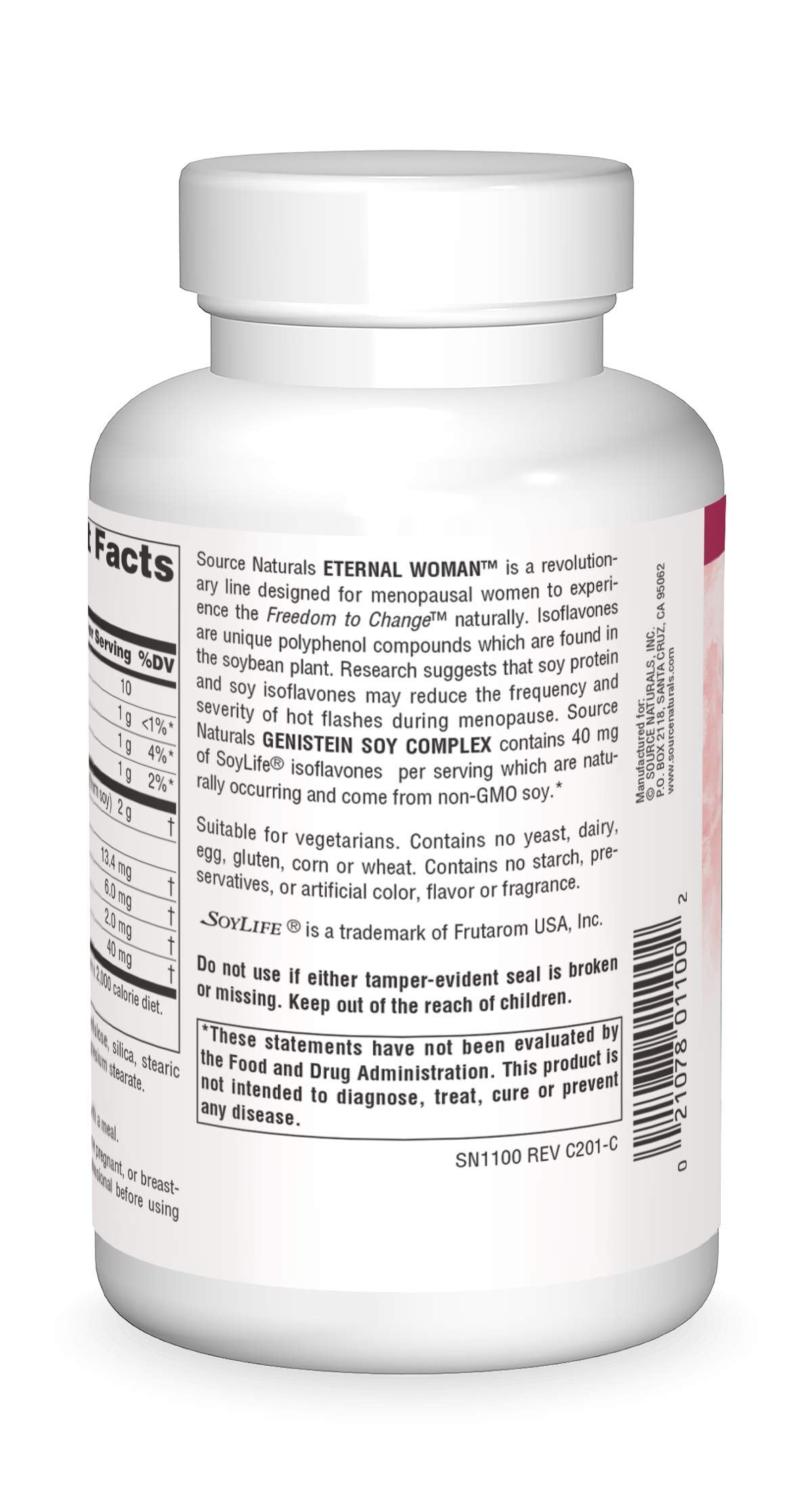 Front packaging of Source Naturals Eternal Woman Genistein highlighting vegetarian formula.