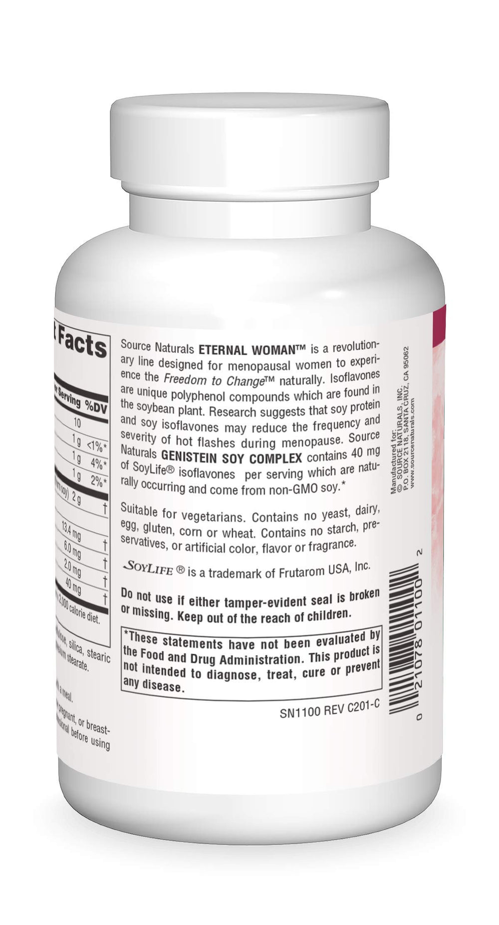 Front packaging of Source Naturals Eternal Woman Genistein highlighting vegetarian formula.
