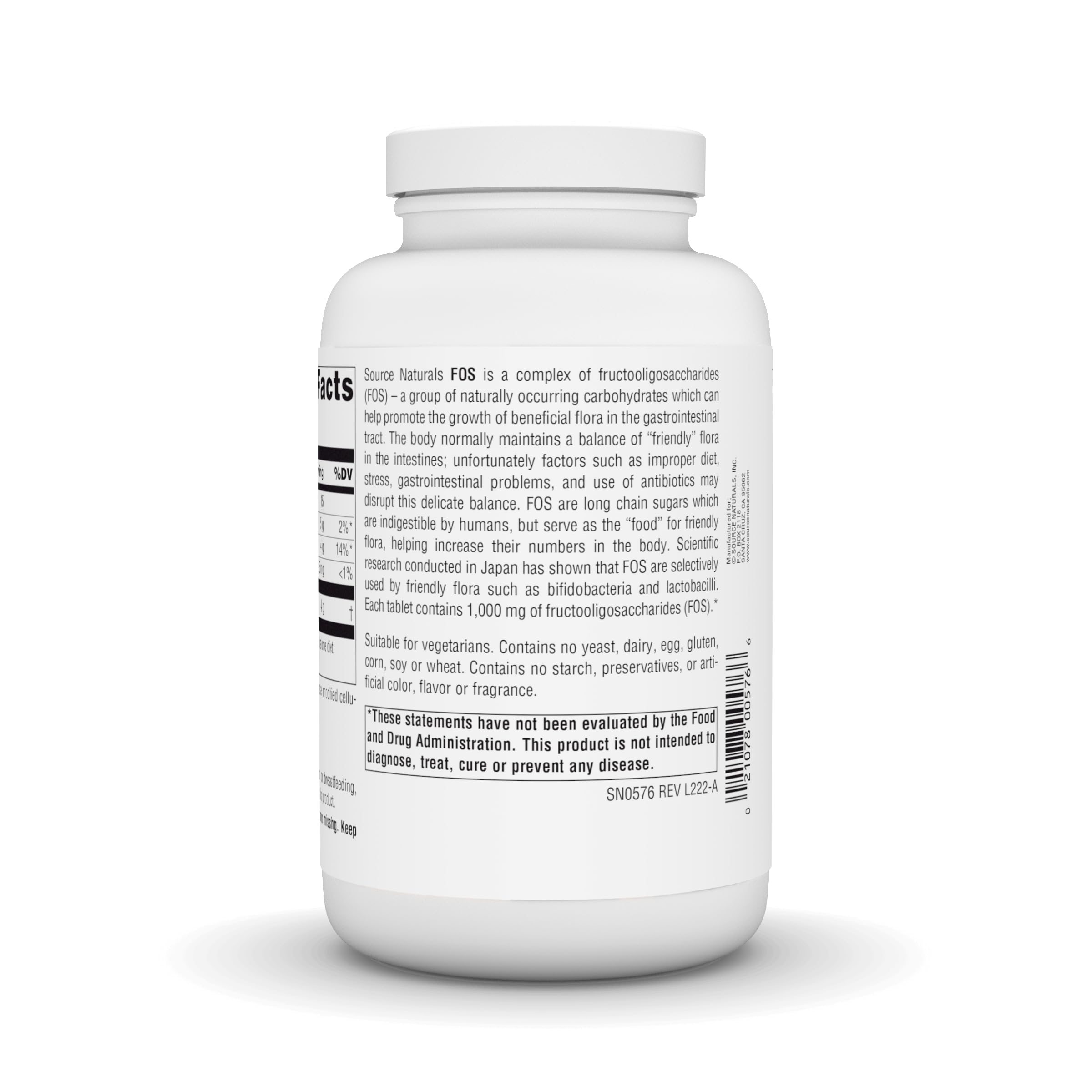 Label close-up of Source Naturals FOS 1000 mg showing ingredients
