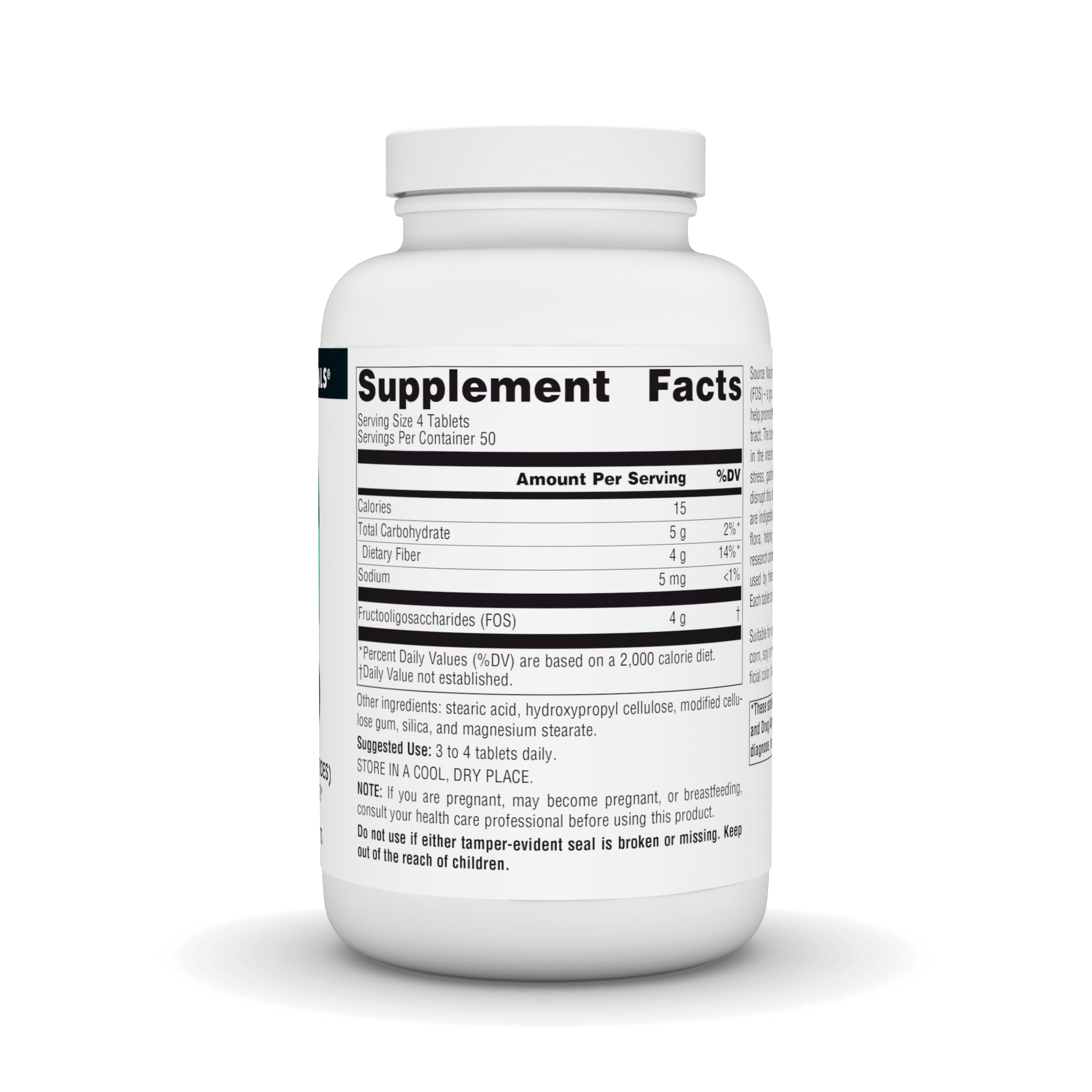 Close up of Source Naturals FOS 1000 mg tablets for daily dosing
