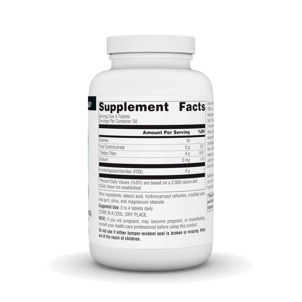 Close up of Source Naturals FOS 1000 mg tablets for daily dosing