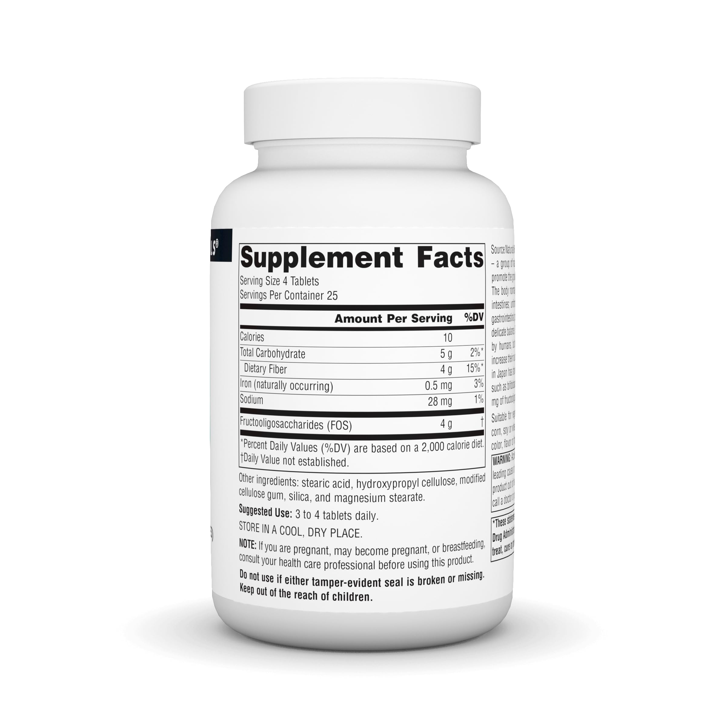 Source Naturals FOS label shows ingredients and allergen information.