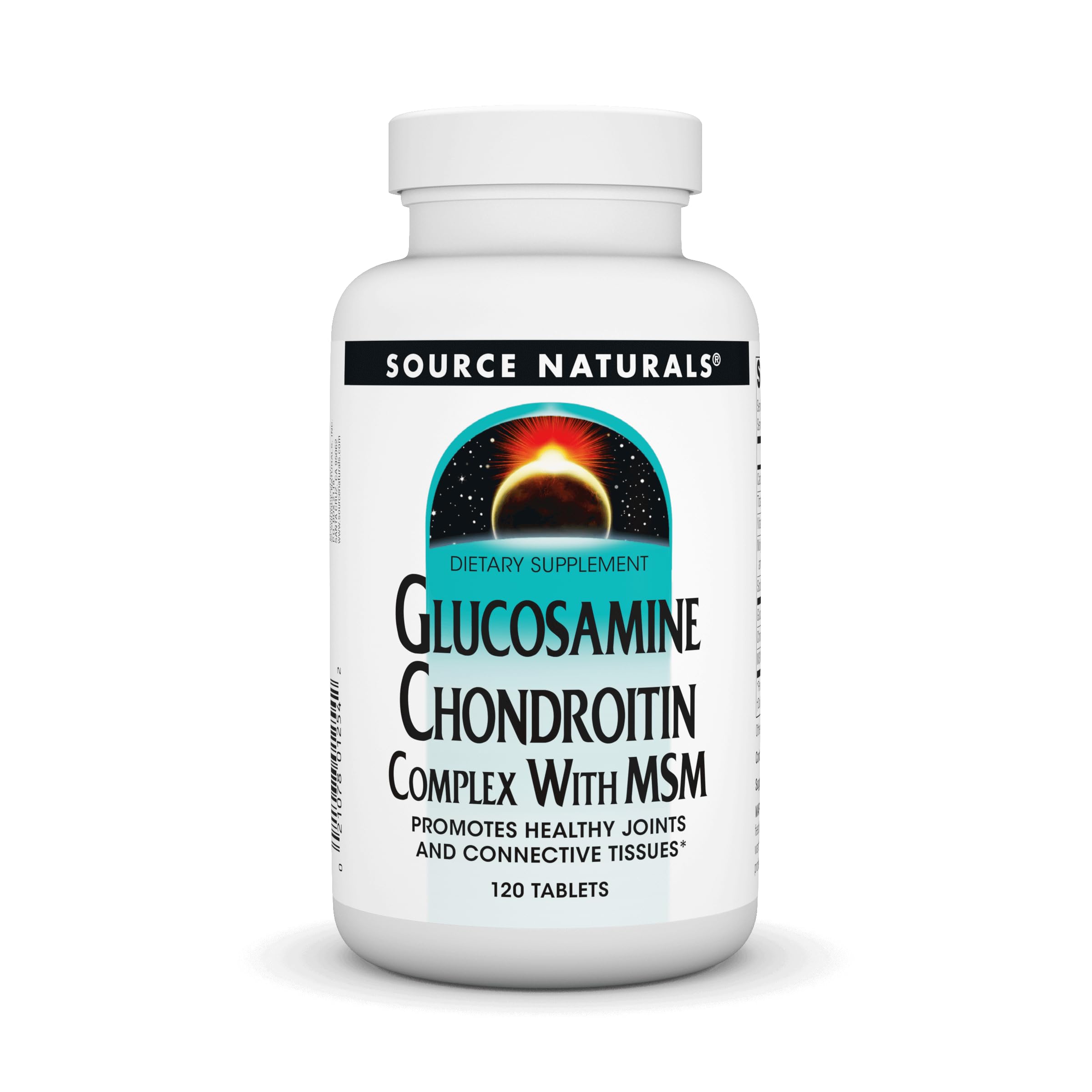 Source Naturals Glucosamine Chondroitin Complex with MSM tablets in bottle for joint support.