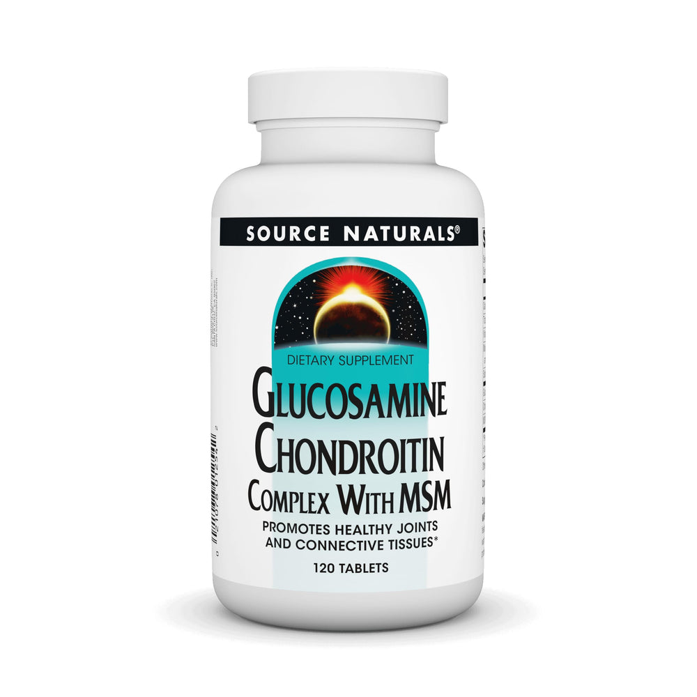 Source Naturals Glucosamine Chondroitin Complex with MSM tablets in bottle for joint support.