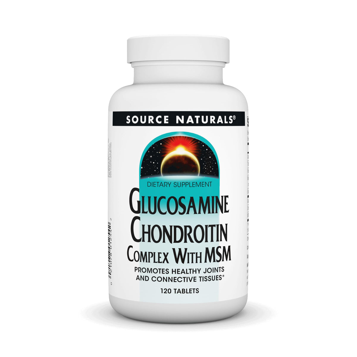 Source Naturals Glucosamine Chondroitin Complex with MSM tablets in bottle for joint support.