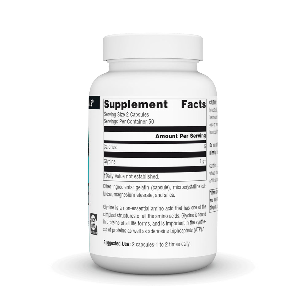 Source Naturals Glycine capsules close-up showing convenient 500 mg dose.