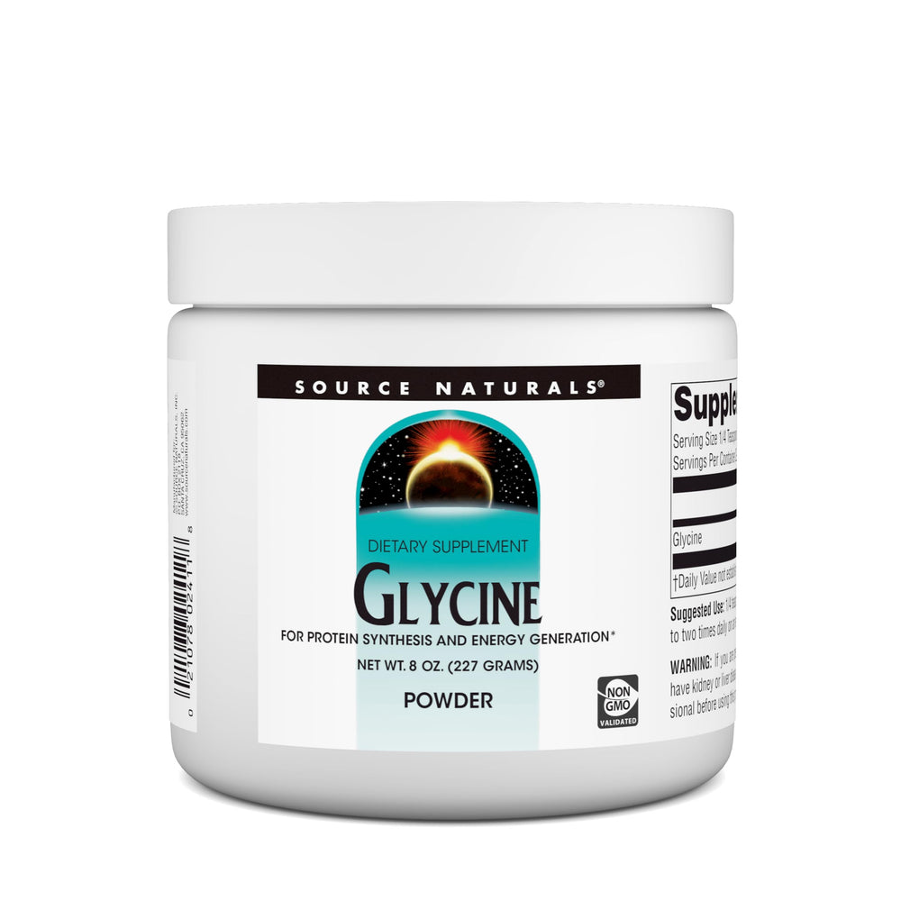 Source Naturals Glycine powder tub front for protein synthesis support.