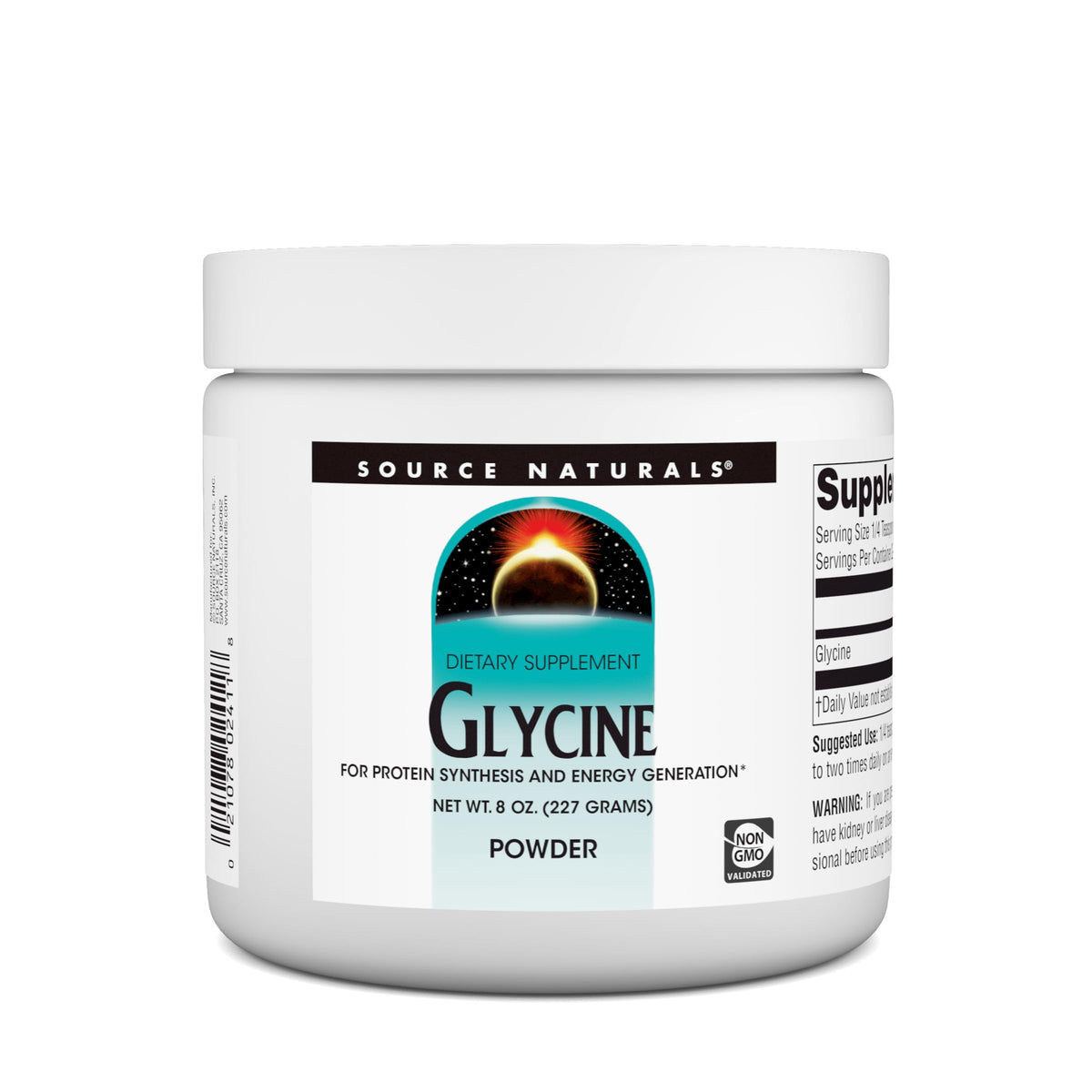 Source Naturals Glycine powder tub front for protein synthesis support.