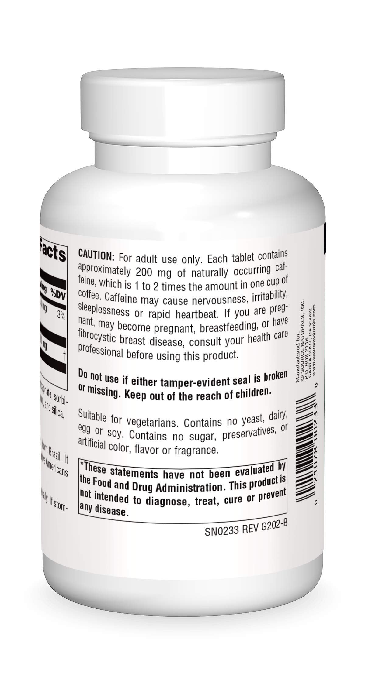 Source Naturals Guarana Energizer tablets closeup showing 900 mg caffeine