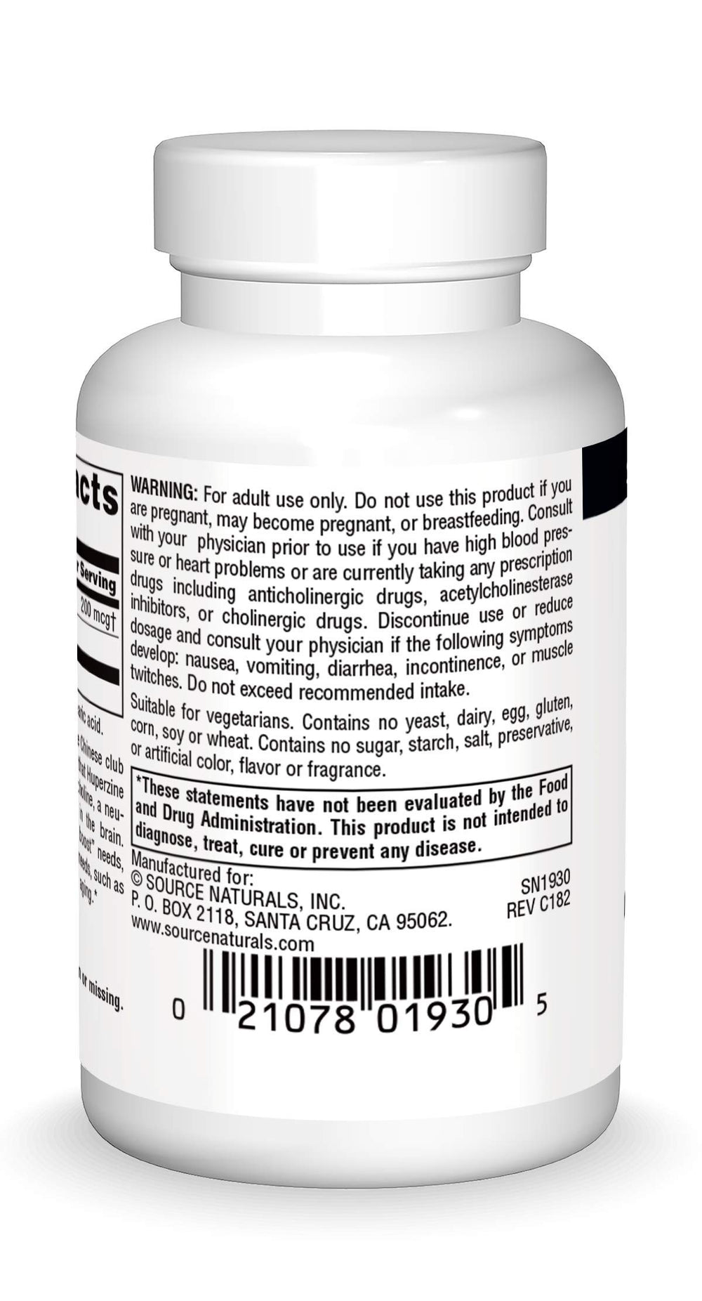 Source Naturals Huperzine A label front with dosage details.