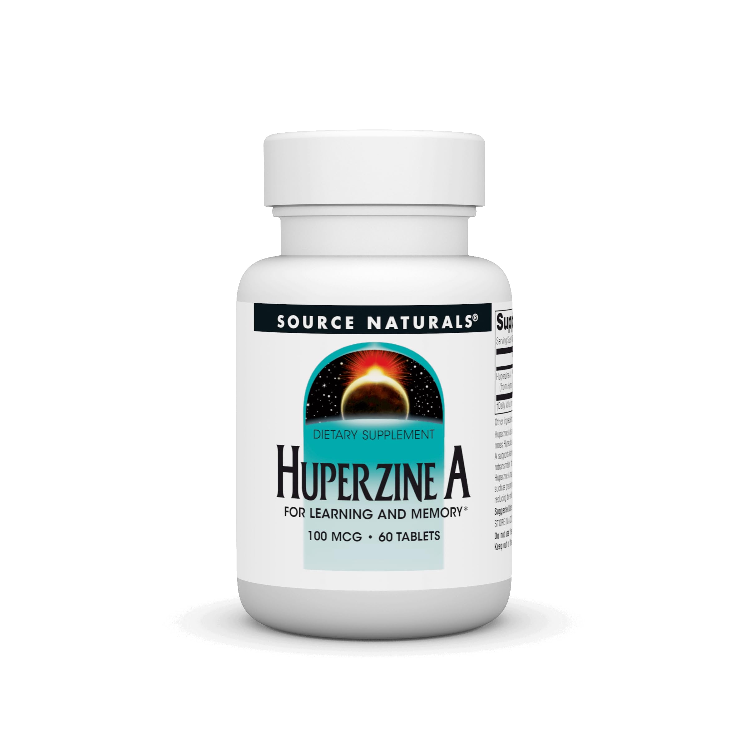 Source Naturals Huperzine A tablets bottle front, potential aid for learning and memory