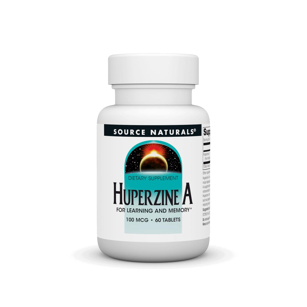 Source Naturals Huperzine A tablets bottle front, potential aid for learning and memory