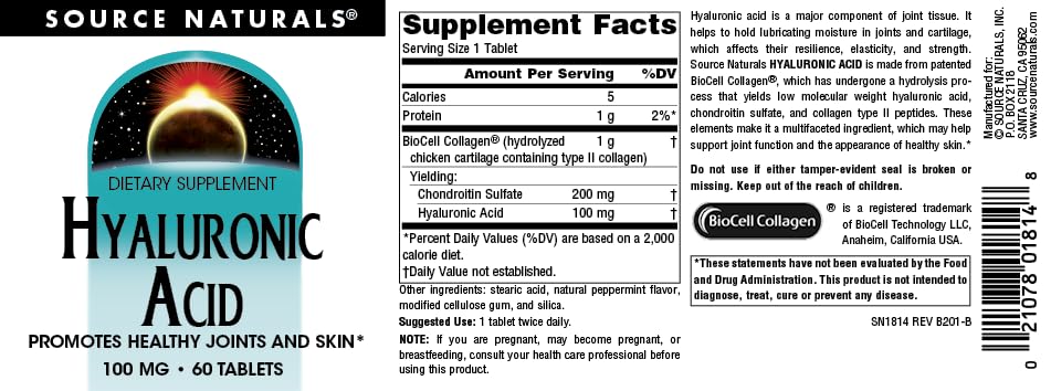 Source Naturals Hyaluronic Acid bottle with cap, easy daily dosing.