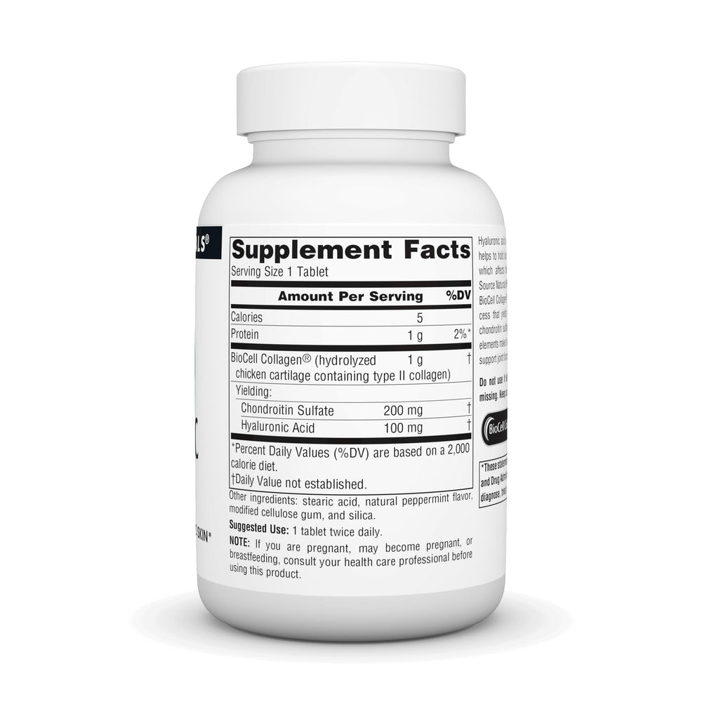 Source Naturals Hyaluronic Acid tablets closeup, BioCell Collagen blend detail.