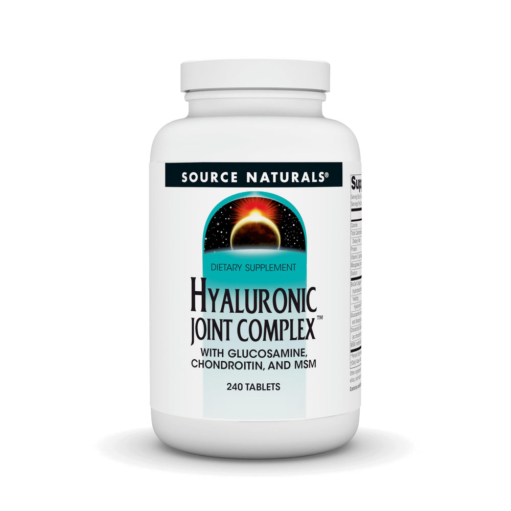 Source Naturals Hyaluronic Joint Complex bottle front promotes joint lubrication.
