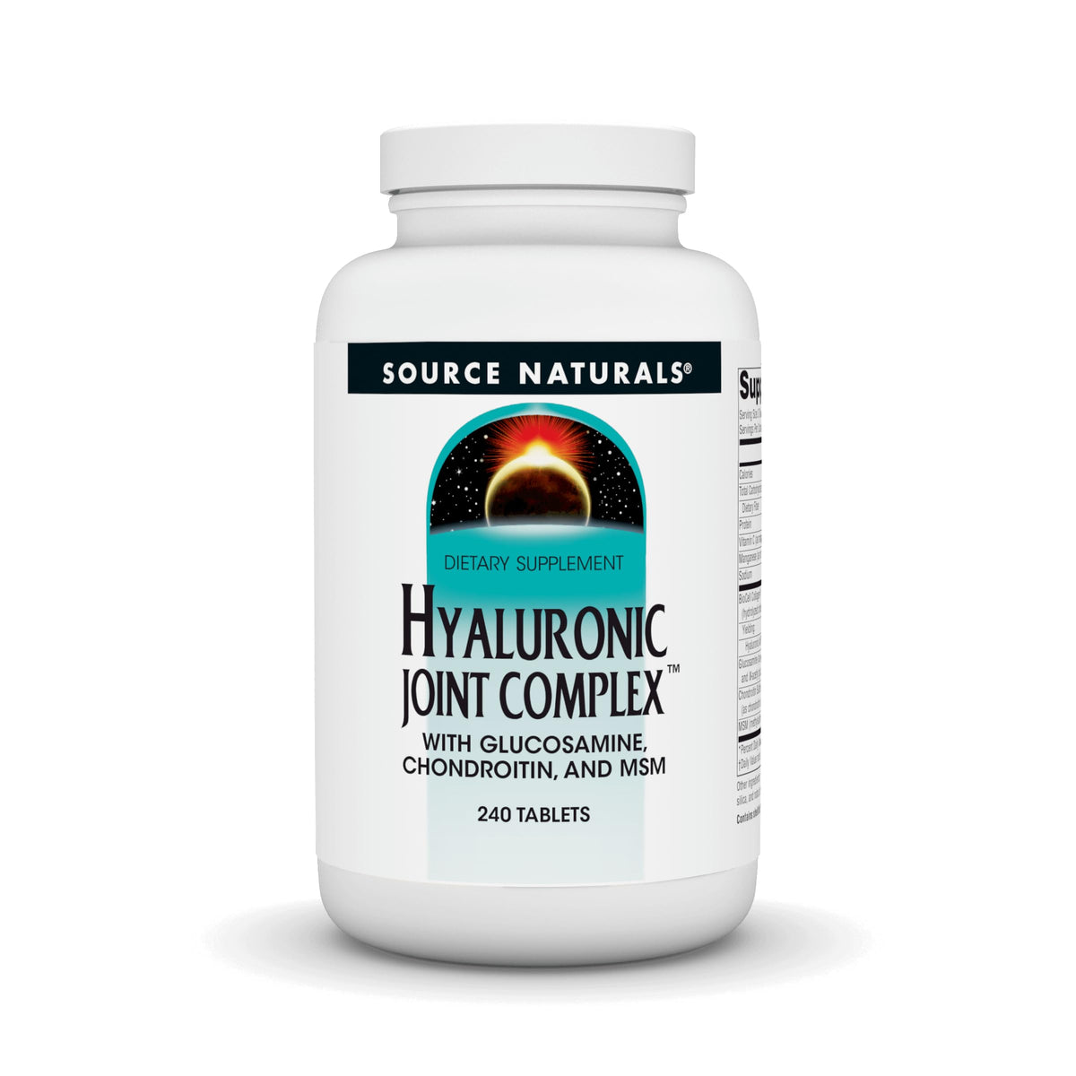 Source Naturals Hyaluronic Joint Complex bottle front promotes joint lubrication.