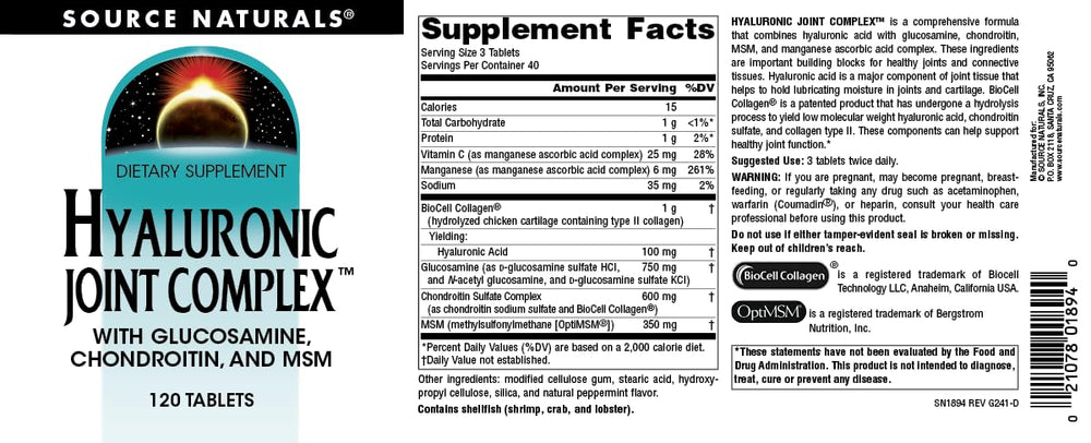 Source Naturals Hyaluronic Joint Complex bottle highlighting US-made, cGMP manufacturing