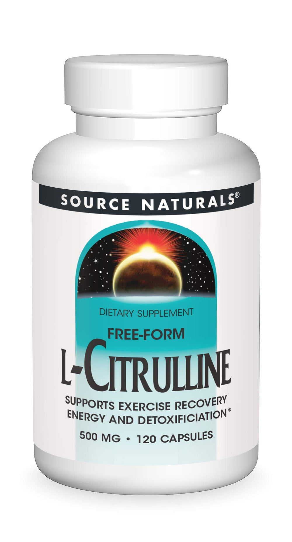 Source Naturals L-Citrulline bottle on counter supports exercise recovery.