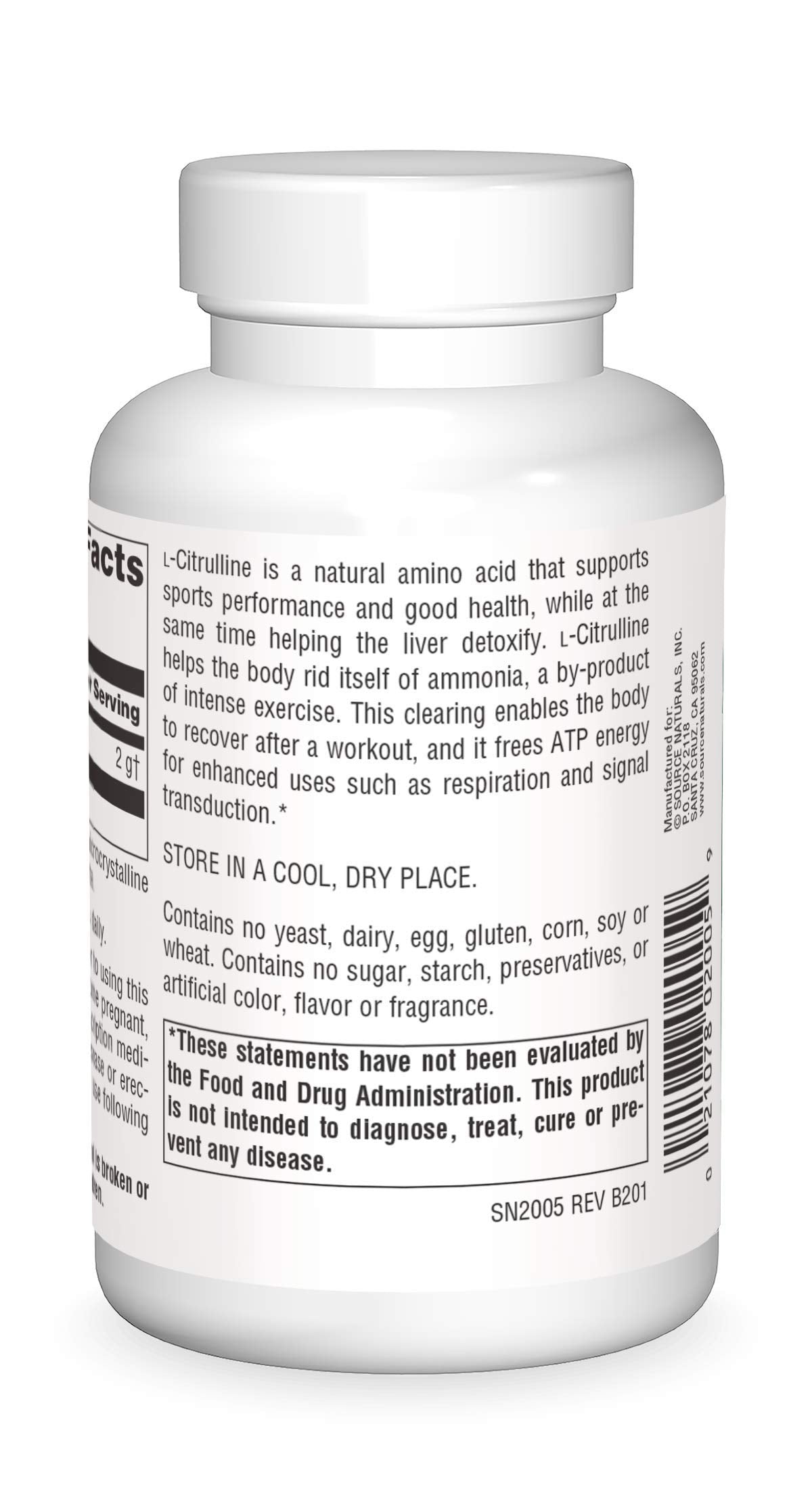 Source Naturals L-Citrulline label close-up showing amino acid supplement for sports support.