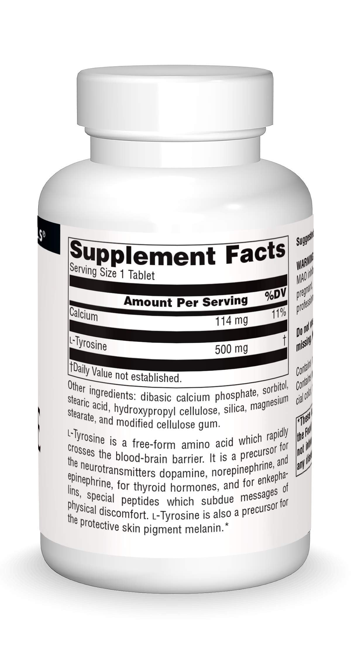 Source Naturals L-Tyrosine bottle dispensing a tablet for easy daily use.
