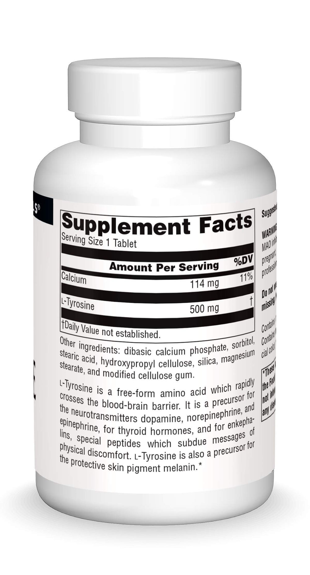 Source Naturals L-Tyrosine bottle dispensing a tablet for easy daily use.