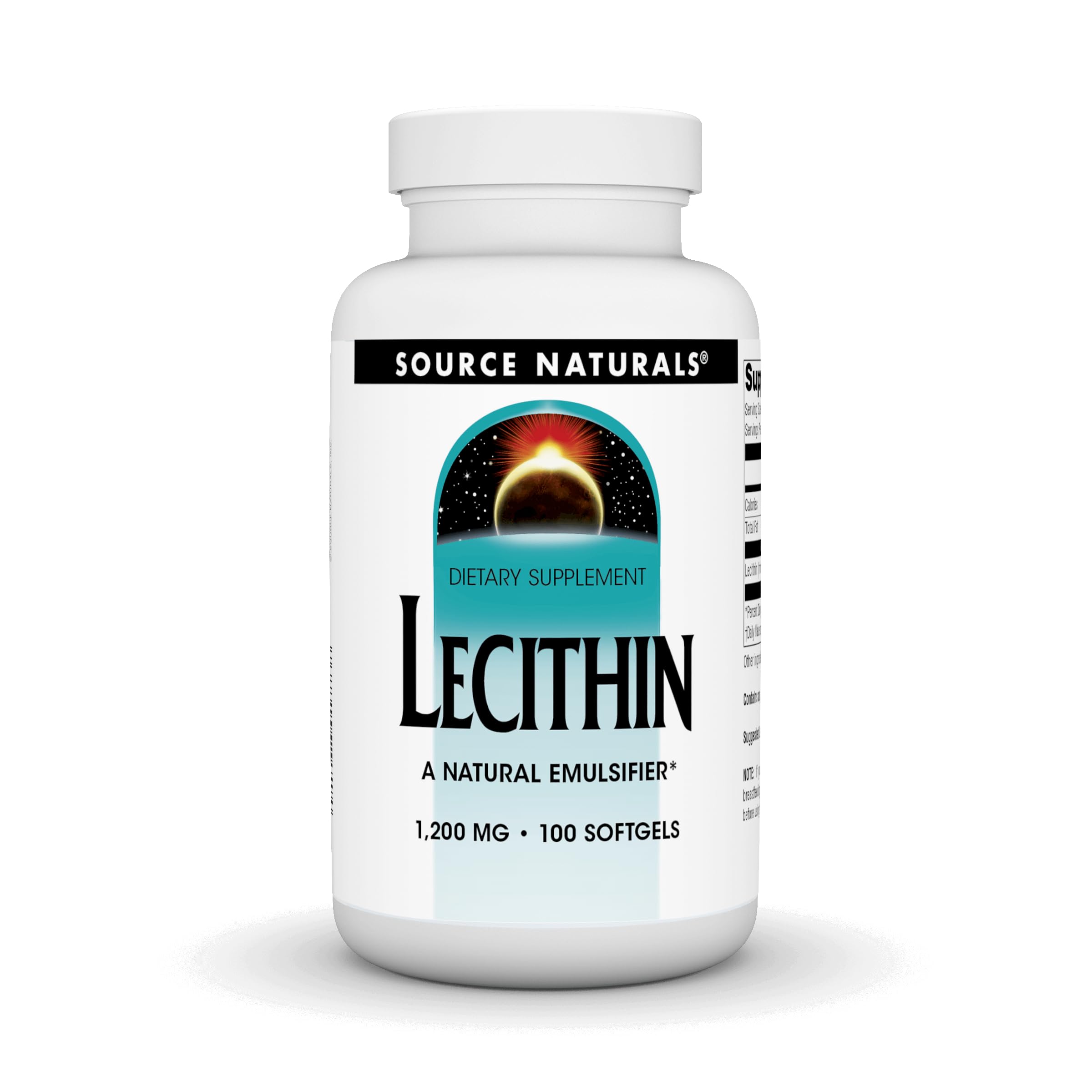 Source Naturals Lecithin 1200mg softgels bottle, a natural emulsifier aiding fat-soluble nutrient support.