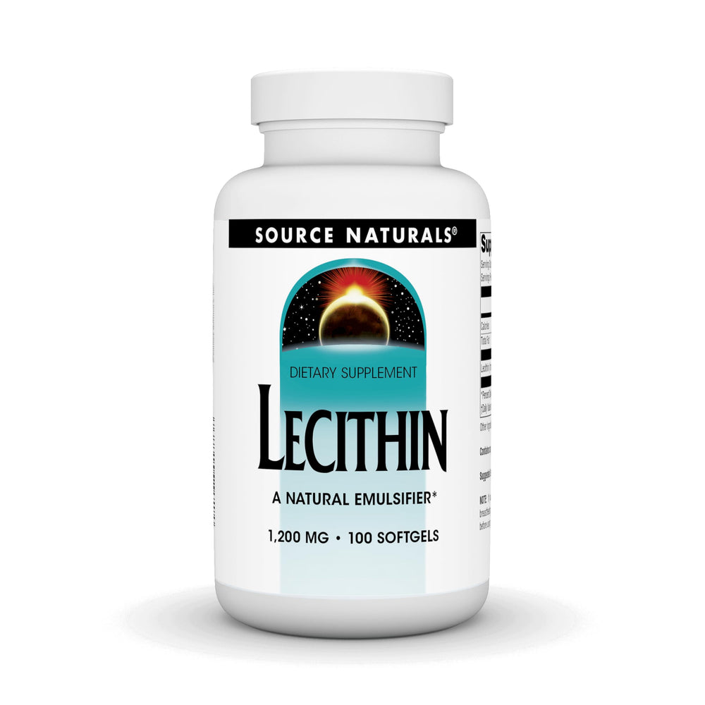 Source Naturals Lecithin 1200mg softgels bottle, a natural emulsifier aiding fat-soluble nutrient support.