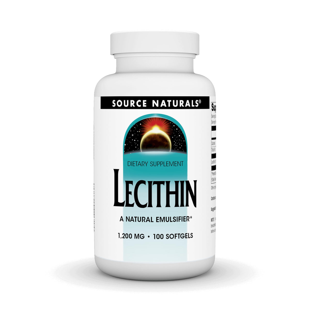 Source Naturals Lecithin 1200mg softgels bottle, a natural emulsifier aiding fat-soluble nutrient support.