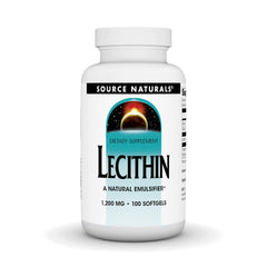 Source Naturals Lecithin 1200mg softgels bottle, a natural emulsifier aiding fat-soluble nutrient support.