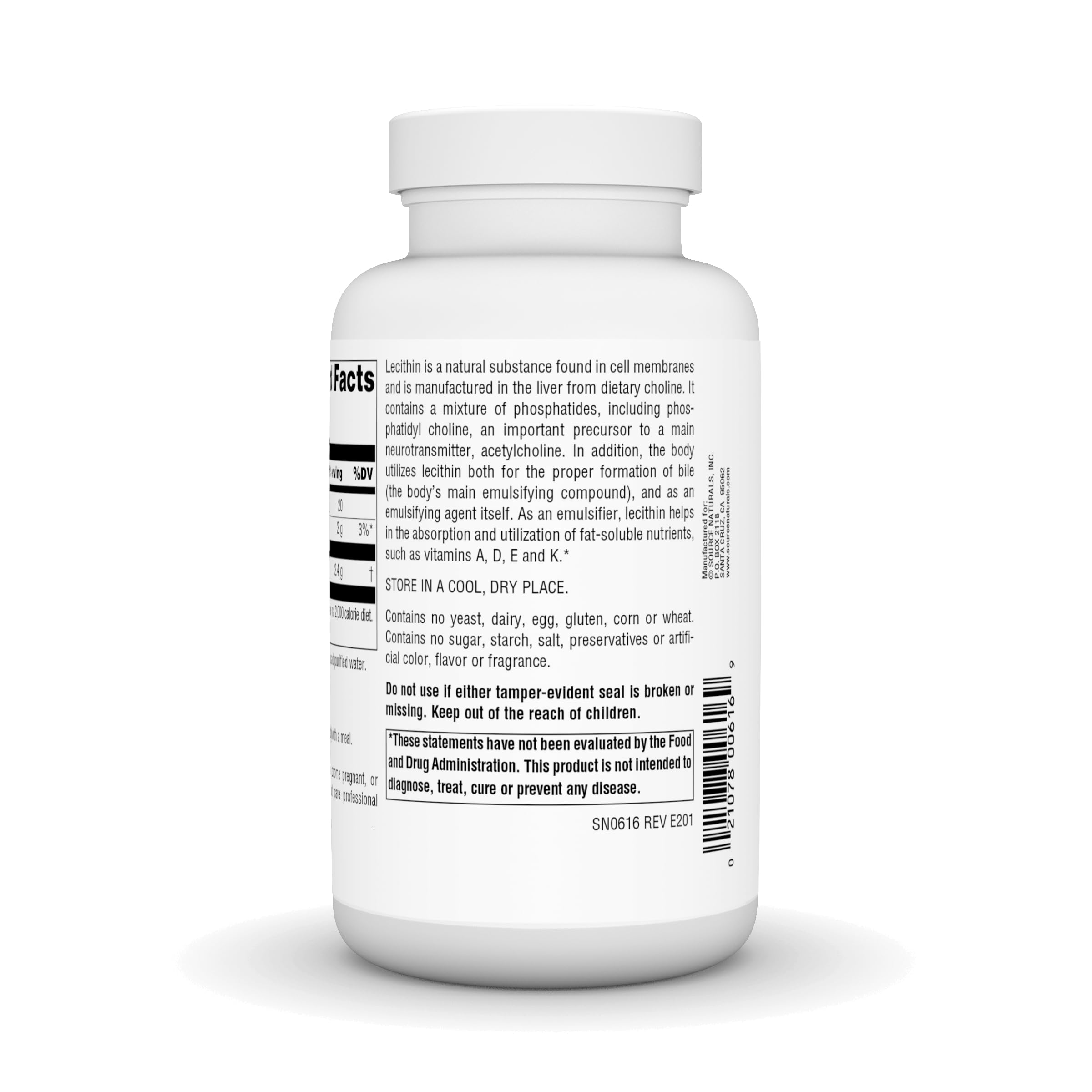 Source Naturals Lecithin bottle label, emphasizes emulsification and fat-soluble vitamin support.