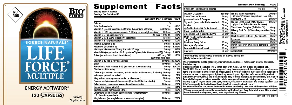 Source Naturals Life Force bottle side view showing iron-free formula details.