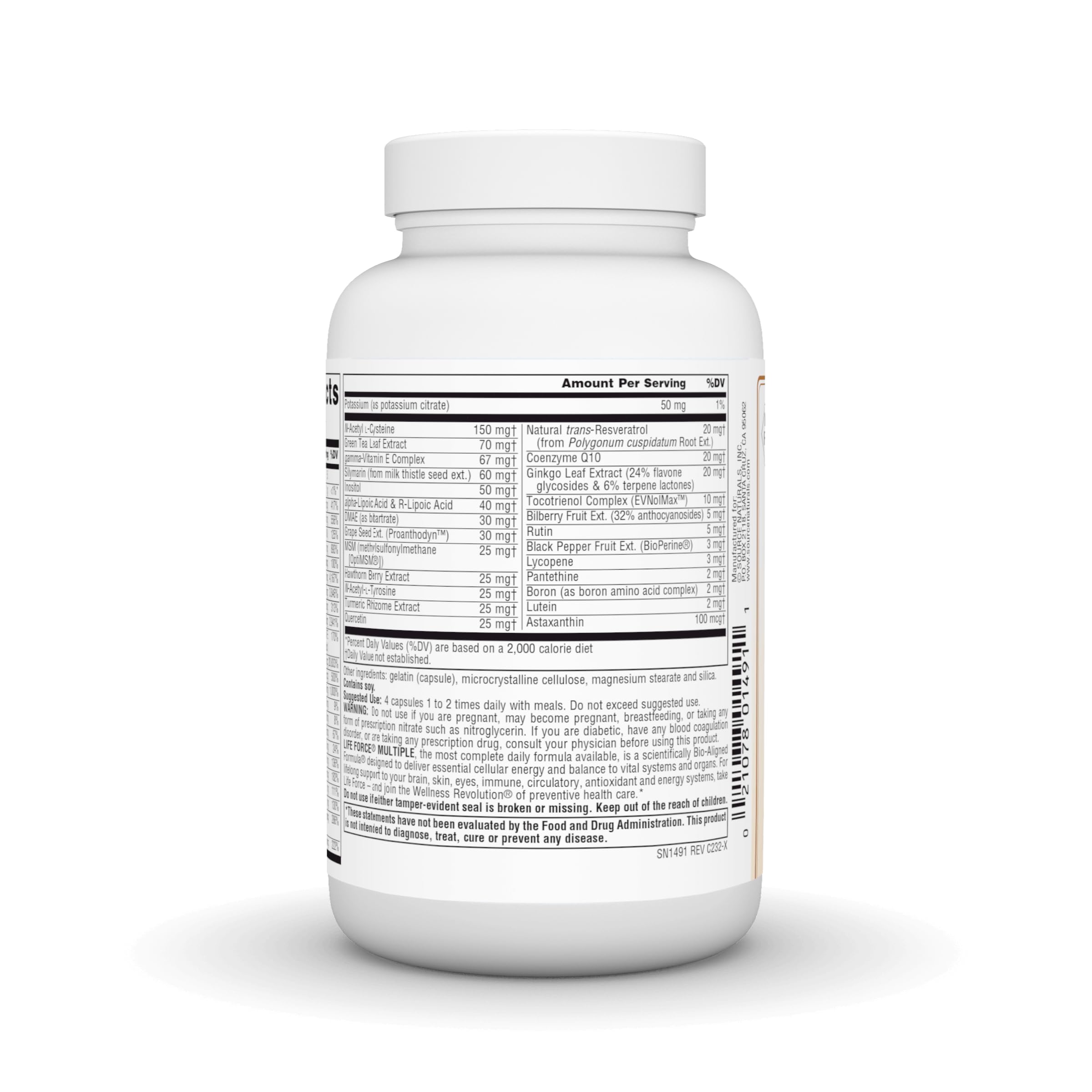 Source Naturals Life Force ingredients panel emphasizing antioxidants and essential vitamins.