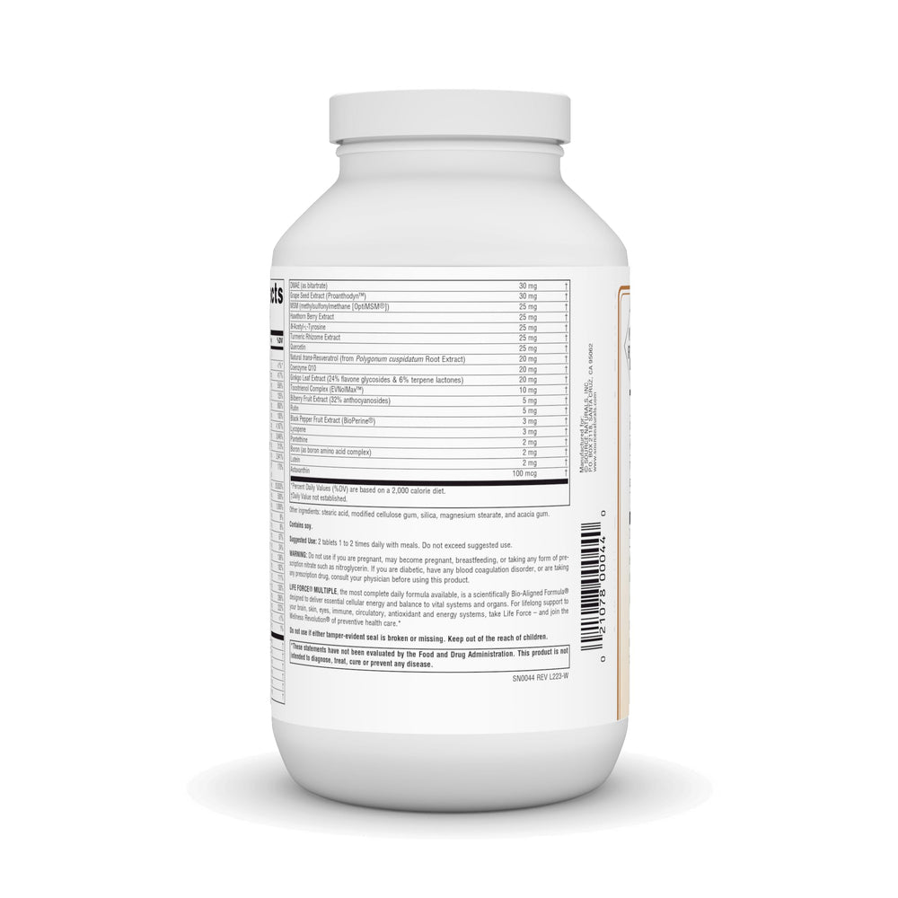 Source Naturals Life Force Multiple label close-up highlights no iron option for tailored nutrition.