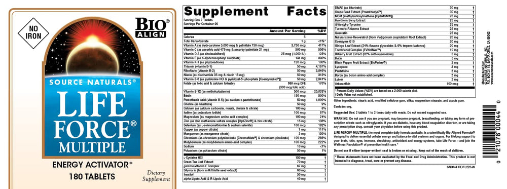 Source Naturals Life Force Multiple soy-containing note signals compatibility with certain dietary preferences.