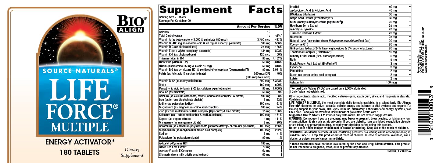 Source Naturals Life Force back of bottle nutrition section showing key ingredients.