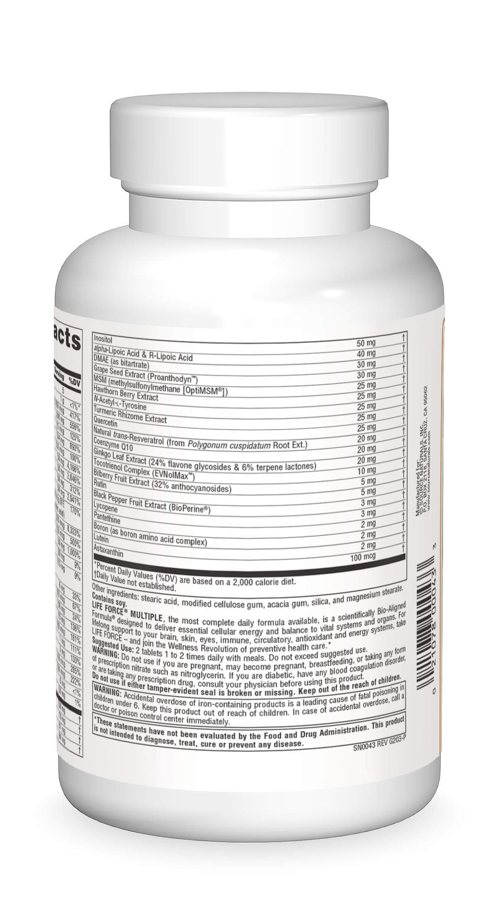 Source Naturals Life Force label details emphasizing antioxidants and vitamins.