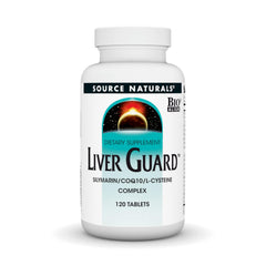 Source Naturals Liver Guard bottle label shows a 120-tablet bottle for daily liver support.