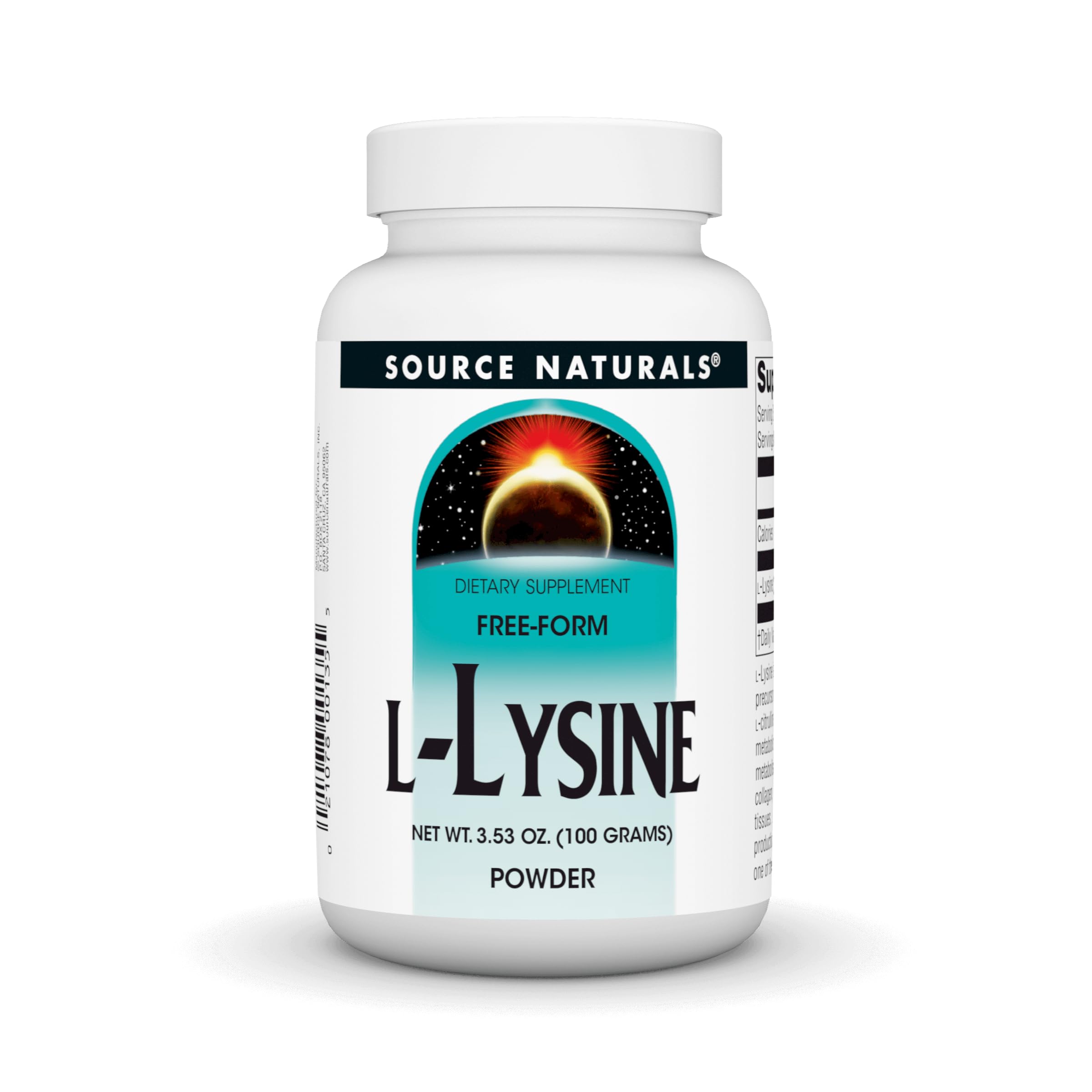 Source Naturals L-Lysine Free Form Powder bottle promotes collagen formation and energy metabolism.