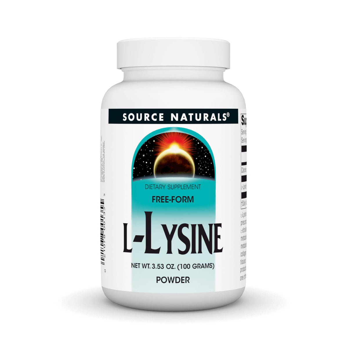 Source Naturals L-Lysine Free Form Powder bottle promotes collagen formation and energy metabolism.